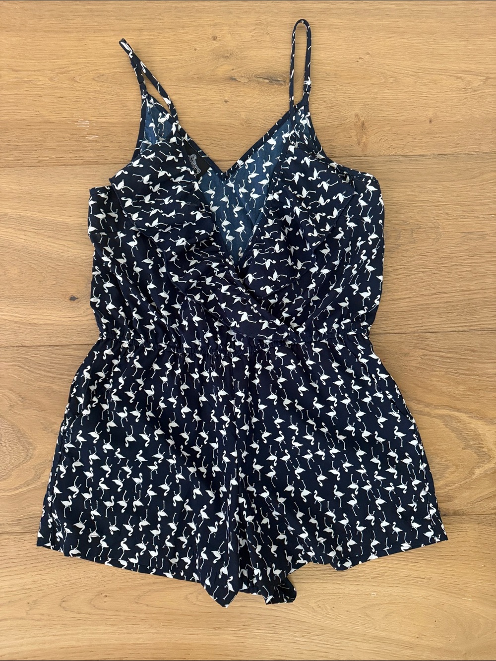 Angie Navy White Flamingo Print Romper Medium with Pockets and Adjustable Straps